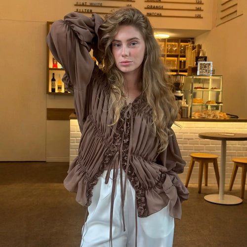 Damen Chiffon-Bluse mit Rüschen, Kordelzug und geraffter Taillenoptik Drune
