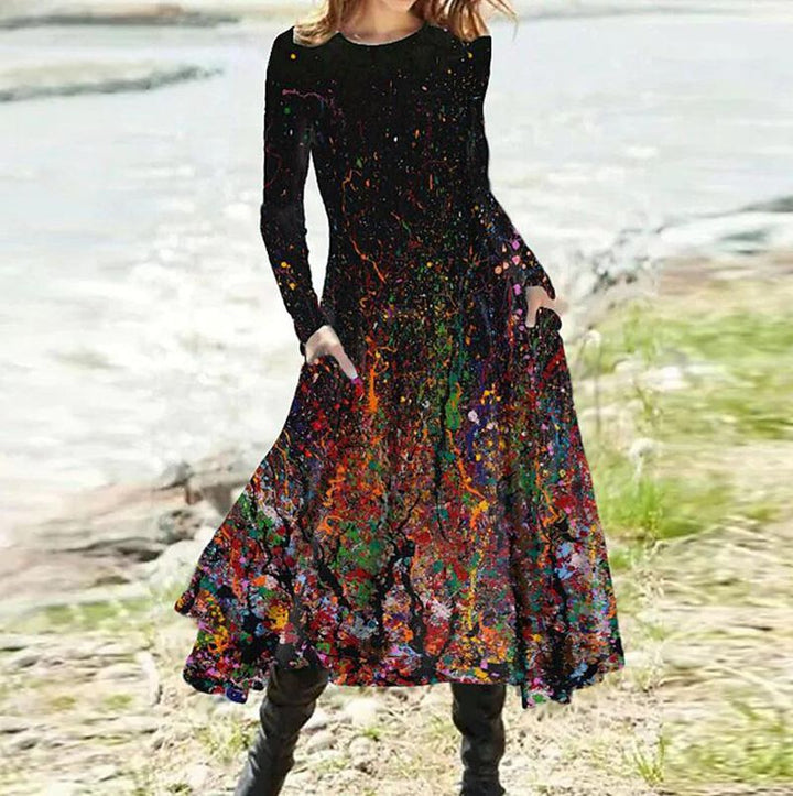 Damen nan A-Linien-Midikleid mit abstraktem Spritzmuster, Rundhalsausschnitt, langen Ärmeln und Eingrifftaschen Drune