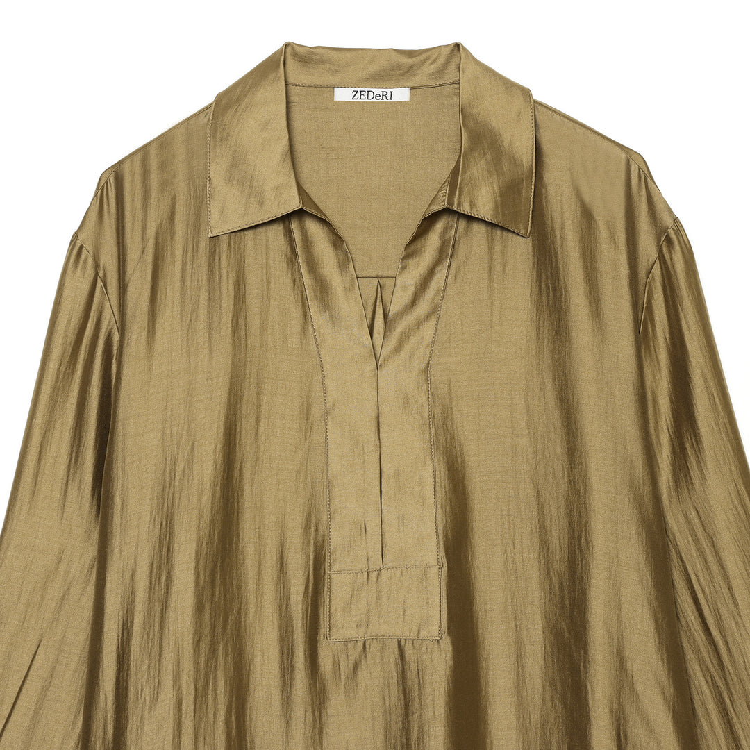 Damen Oversize-Satinbluse mit Hemdkragen, verdeckter Knopfleiste und Manschetten Drune