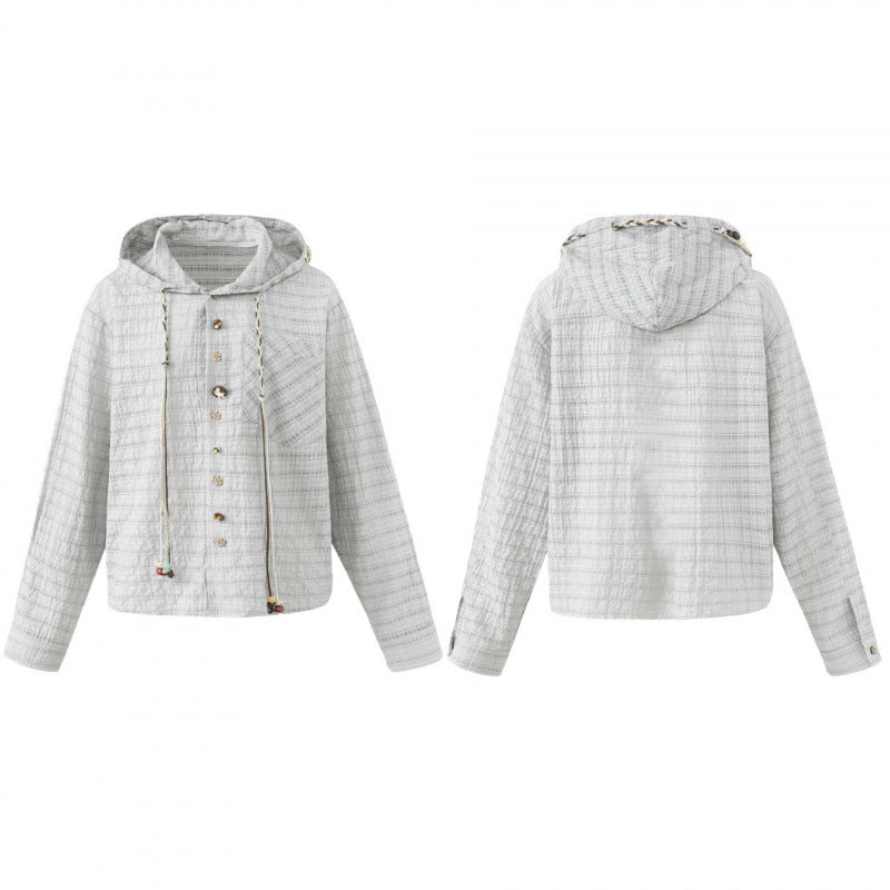 Damen Leichte Kapuzen-Blousonjacke aus strukturierter Baumwollmischung mit Knopfleiste und Zierkordel Drune
