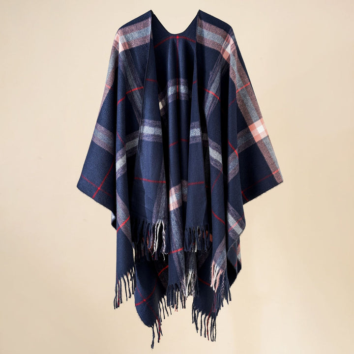 Damen Wollmix-Poncho mit Karomuster und Fransen Drune