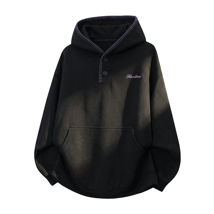 Unisex Oversize Kapuzenpullover mit Kängurutasche, halber Knopfleiste und Ziernaht Drune