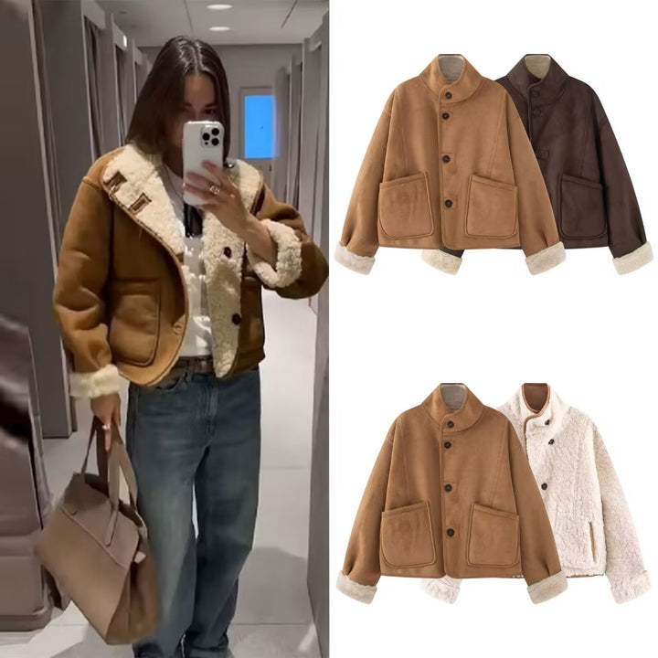 Damen Kurze Schaffelloptik-Jacke mit Stehkragen und großen aufgesetzten Taschen Drune