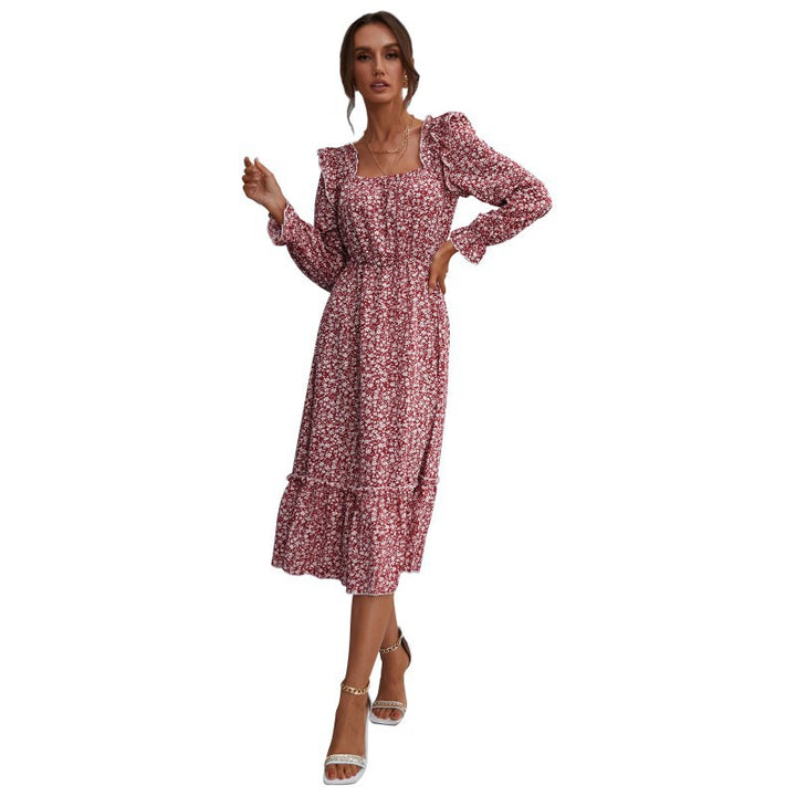 Damen Romantisches Midikleid mit quadratischem Ausschnitt, geraffter Taillenpassform und Stufenvolant Drune