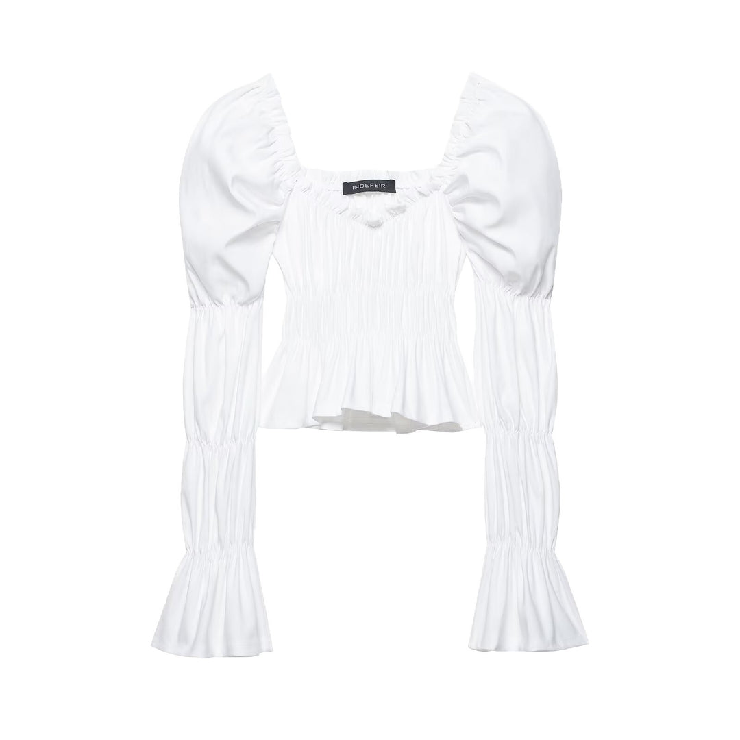 Damen Gerafftes Carmen-Crop-Top mit Puffärmeln, smockierter Taille und Stufenärmeln Drune