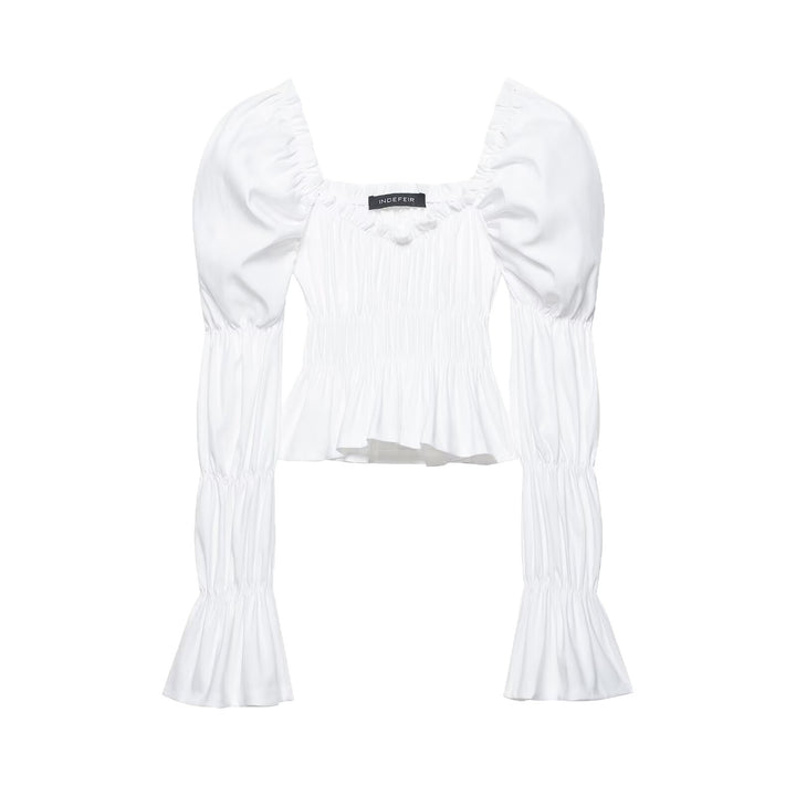 Damen Gerafftes Carmen-Crop-Top mit Puffärmeln, smockierter Taille und Stufenärmeln Drune