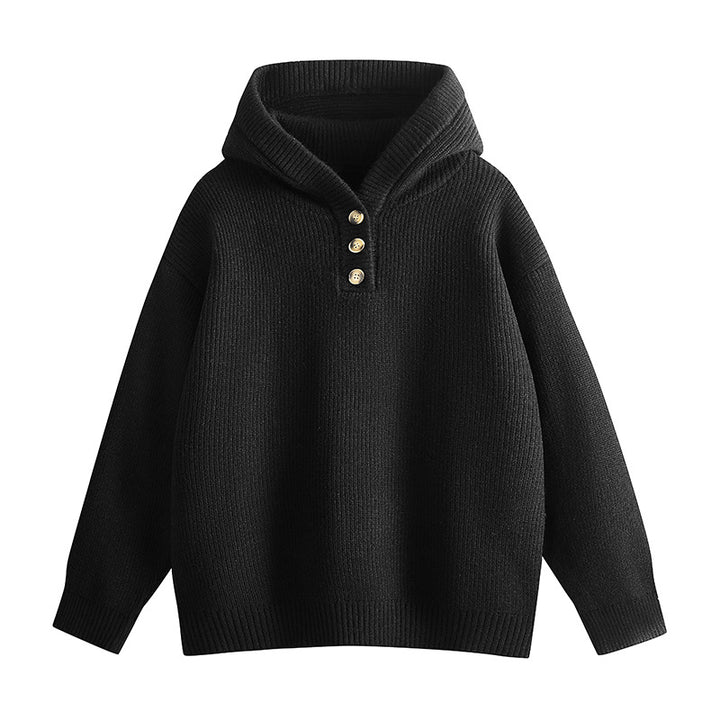 Damen Relaxed Kapuzenpullover aus geripptem Strick mit Halbsteg-Knopfleiste Drune