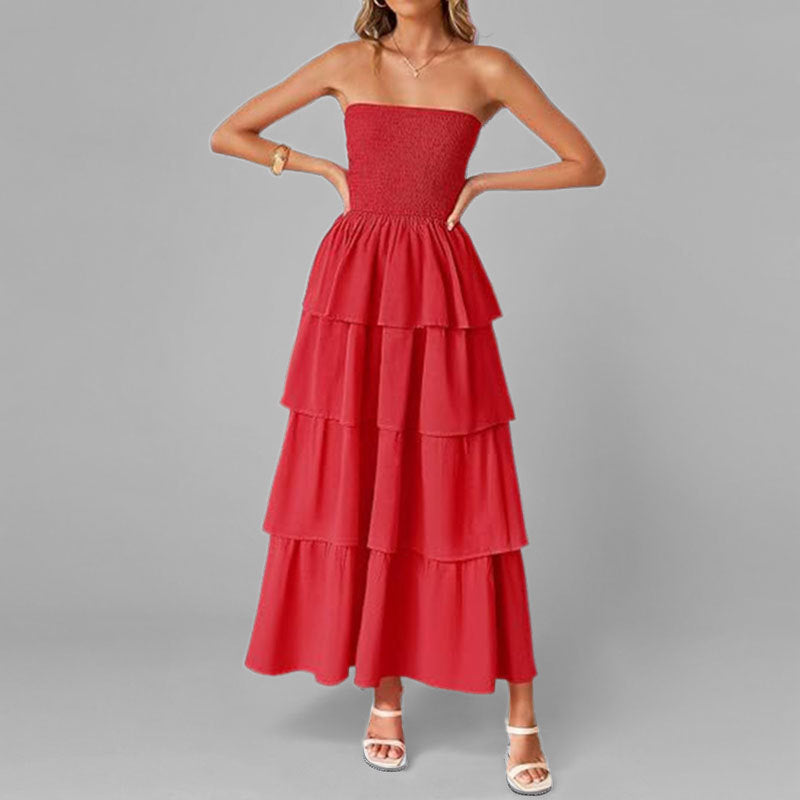 Damen Maxikleid mit schulterfreiem Design und voluminösem Stufenrock Drune