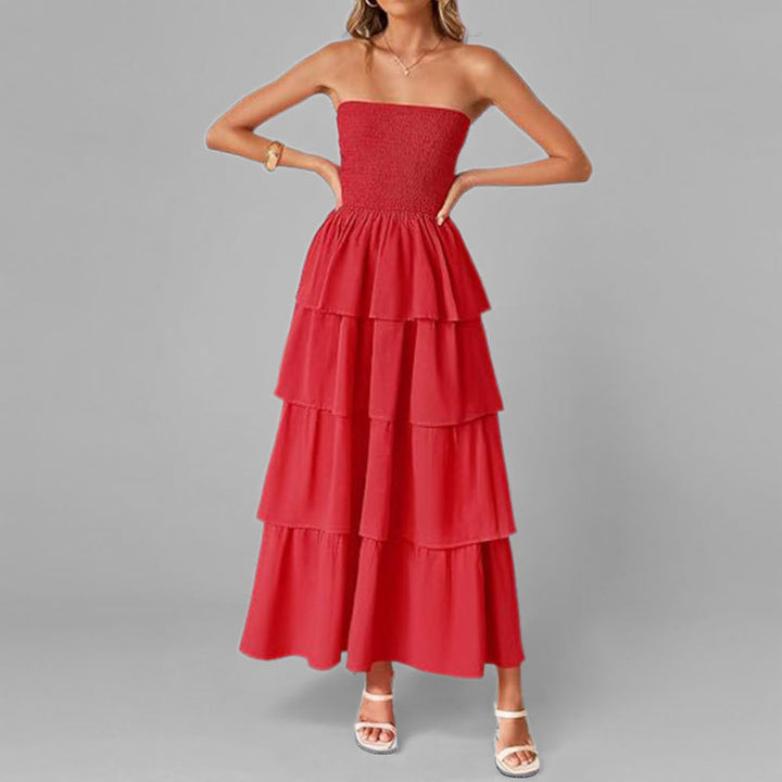 Damen Maxikleid mit schulterfreiem Design und voluminösem Stufenrock Drune