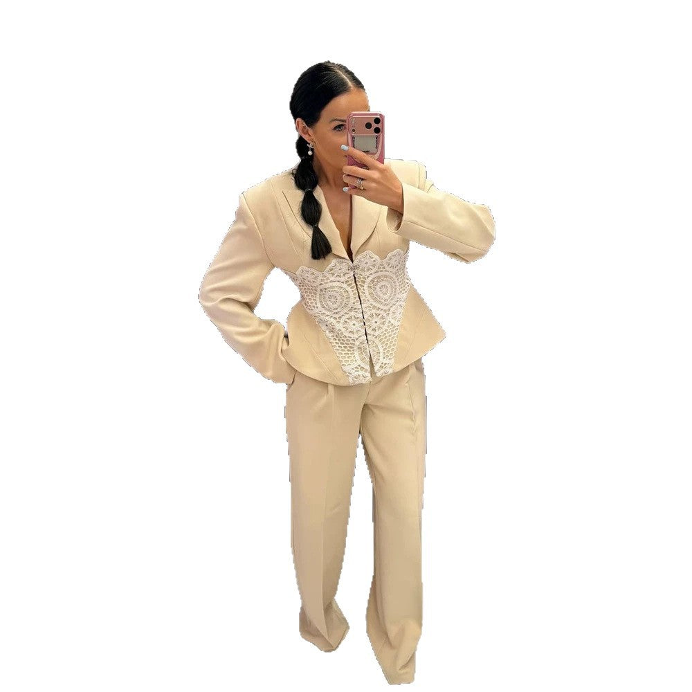 Damen Zweiteiliges Anzugset mit tailliertem Blazer, Spitzen‑Corsage und weiter Palazzohose Drune
