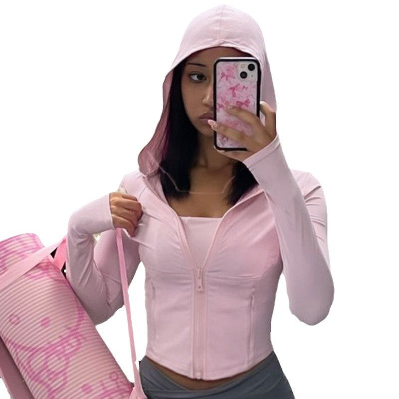 Damen nan kurzes Ripp-Kapuzenhoodie mit halbem Reißverschluss, langen Ärmeln und Daumenloch Drune