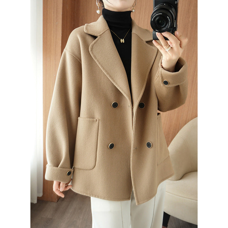 Damen Kurzer doppeltreihiger Wollmix-Mantel mit Reverskragen und kastiger Oversize‑Silhouette Drune