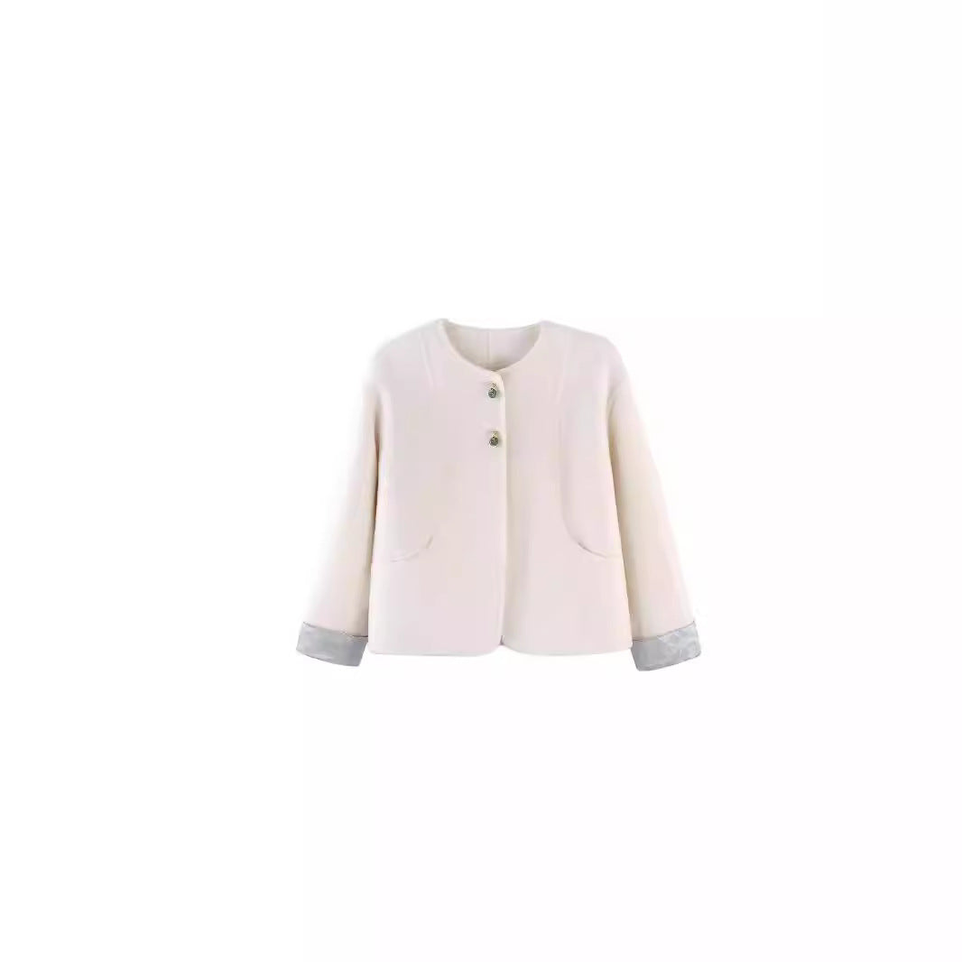 Damen Kurzjacke mit Stehkragen Perlenknöpfen und kontrastmanschetten Drune