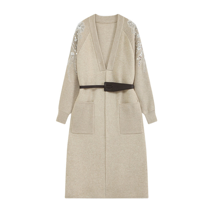 Damen Lange Strickjacke mit Gürtel, tiefem V‑Ausschnitt und bestickten Paillettenärmeln Drune