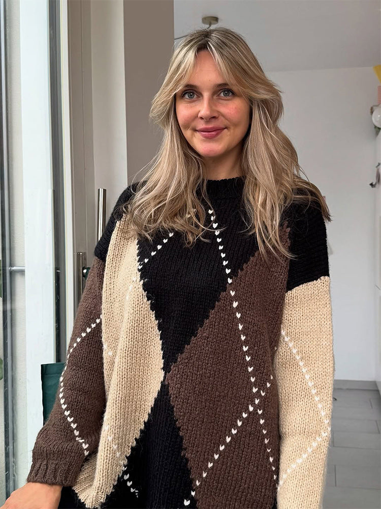 Damen Grobgestrickter Oversize-Pullover mit Rautenstrickmuster Drune