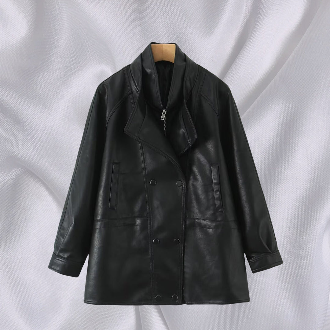 Damen Kunstlederjacke mit breitem Revers und praktischen Taschen Drune