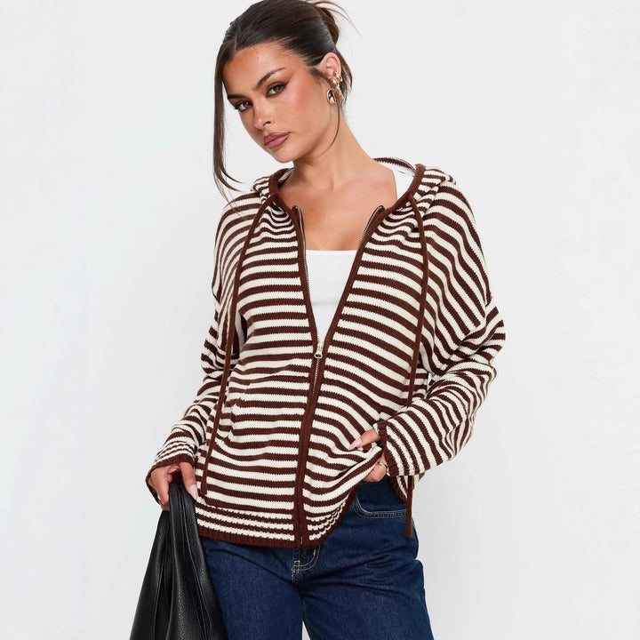 Damen Cardigan im gestreiften Design mit hochwertigem Reißverschluss und lässigem Schnitt Drune