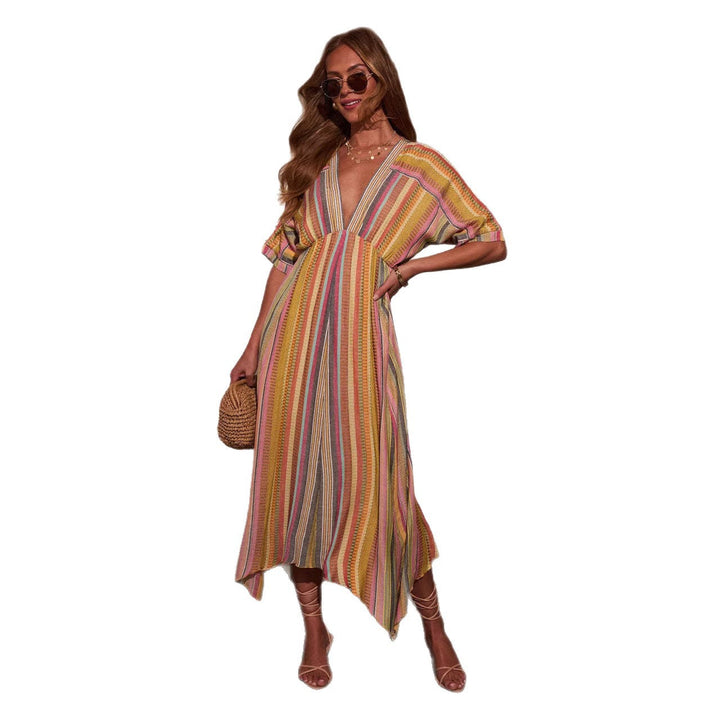 Damen Maxikleid mit tiefem V-Ausschnitt und schwingendem Rock Drune
