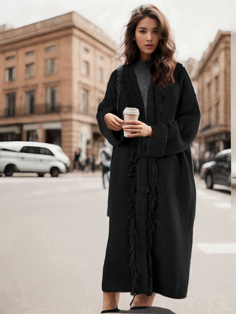 Damen Grobstrick-Cardigan mit fransigen Details und großer Knopfverzierung Drune