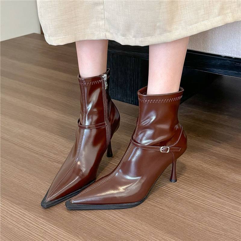 Damen elegante spitz zulaufende Ankle‑Boots mit Sculpted‑Stiletto und seitlichem Reißverschluss Drune