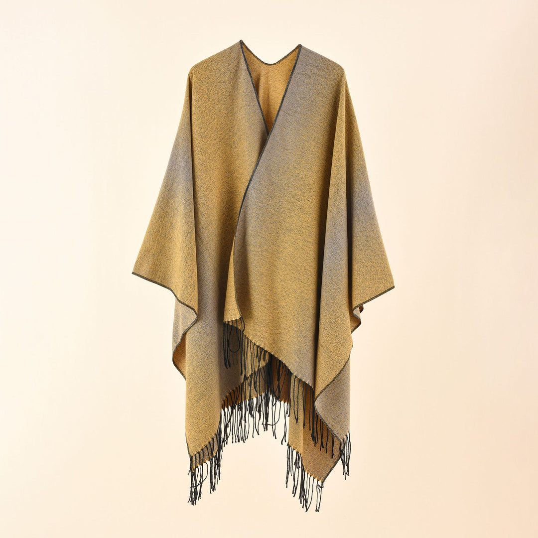 Damen Cape-Poncho aus leichtem Glanzstrick mit Ombre-Effekt und Fransensaum Drune