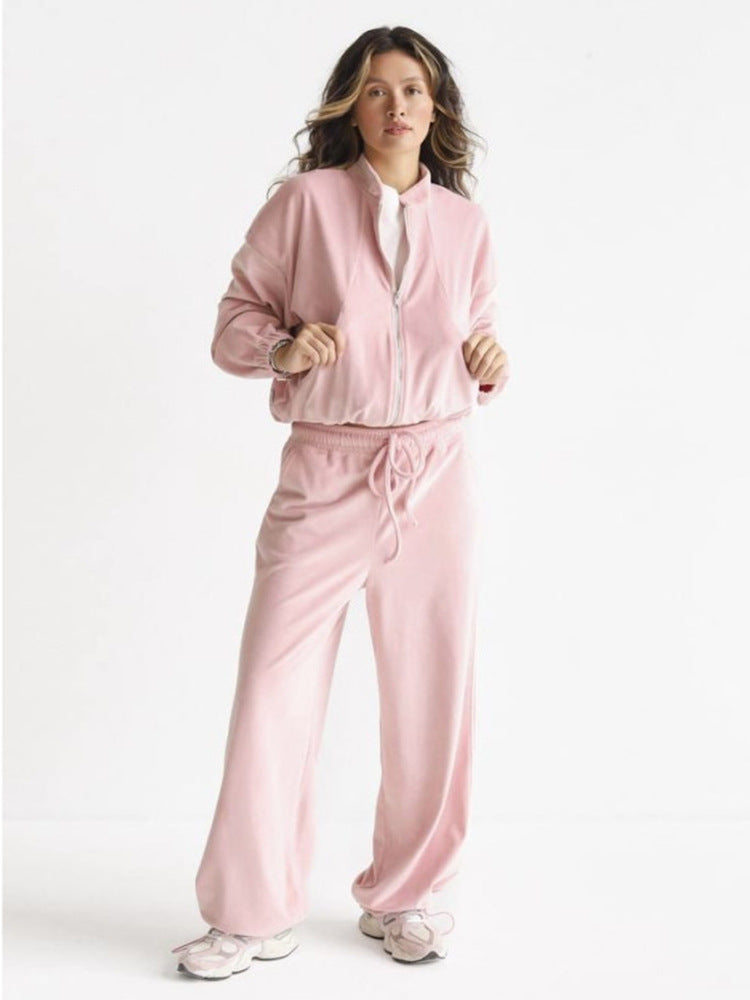 Damen ausgestelltes Velours-Jogginganzug-Set mit kurzer Reißverschlussjacke und hochtaillierter Kordelhose Drune