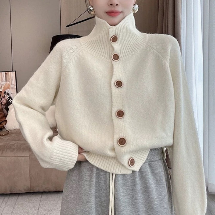 Damen kuscheliger Hochkragen-Cardigan mit Knopfdetails Drune