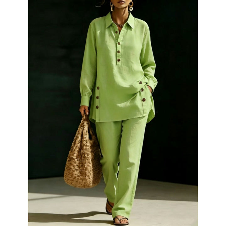 Damen Leichtes Oversize-Hemd-Tunika mit Zierknöpfen und Gerader Bundhose Drune