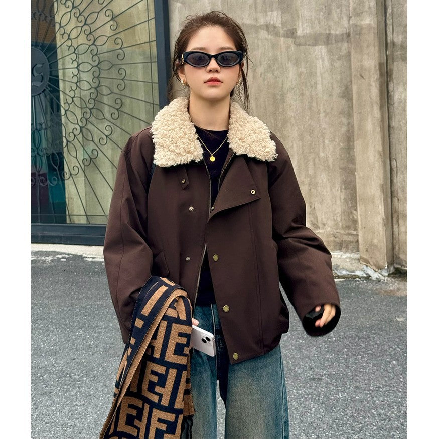 Damen Kurze Oversize-Boxy-Jacke mit Teddykragen und Druckknopfverschluss Drune