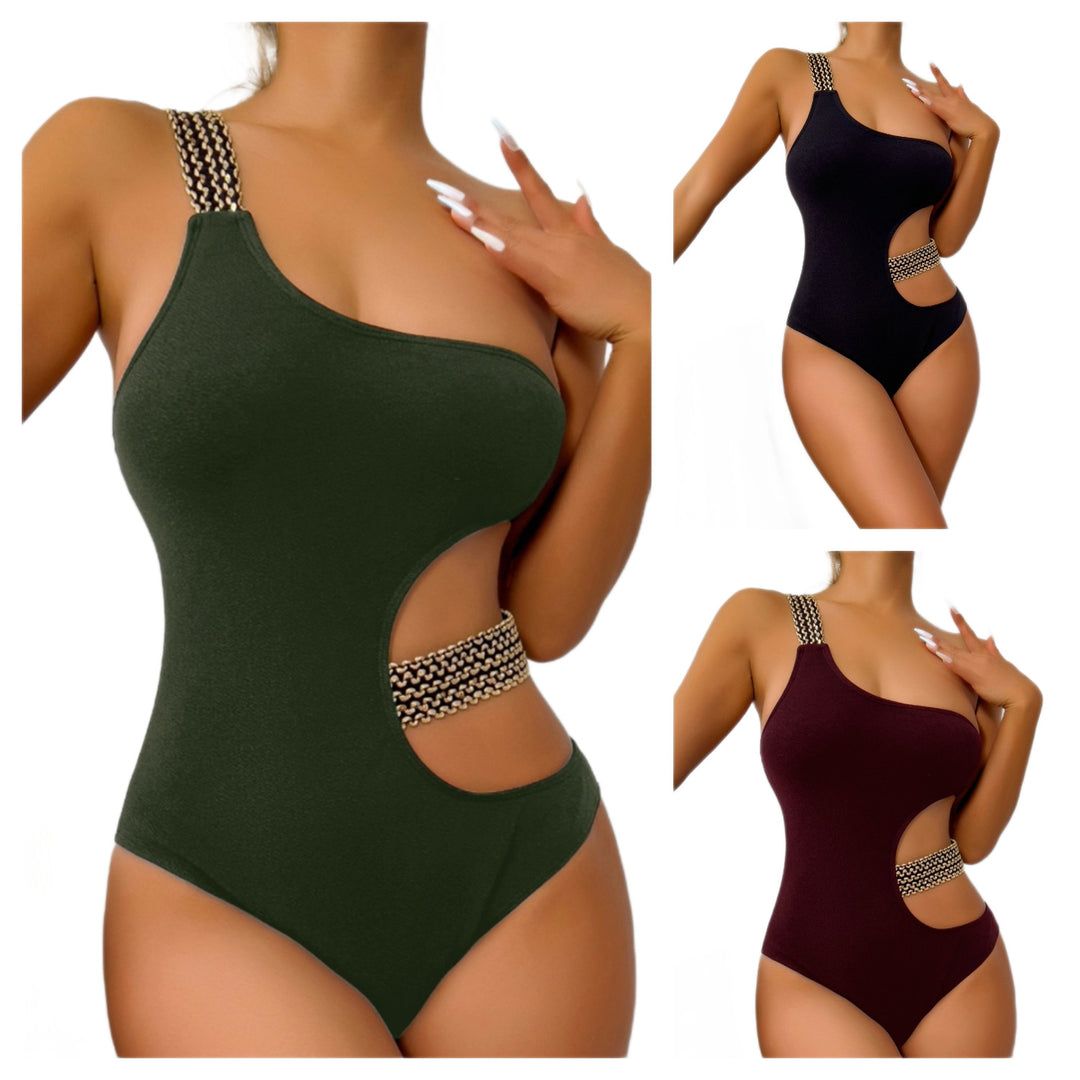 Damen Einteiliger Badeanzug mit asymmetrischem Cut-Out und modischen Kettenakzenten Drune