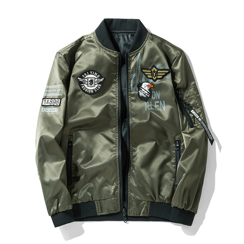Men's  satin aviator patch bomber jacket with embroidered badges zip sleeve pocket and ribbed trims Drune