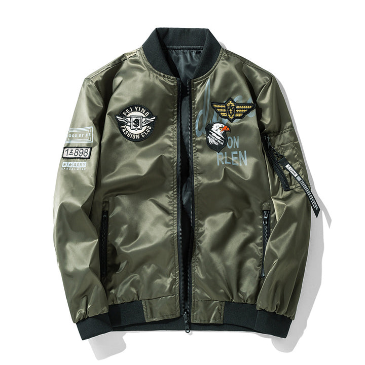 Men's  satin aviator patch bomber jacket with embroidered badges zip sleeve pocket and ribbed trims Drune