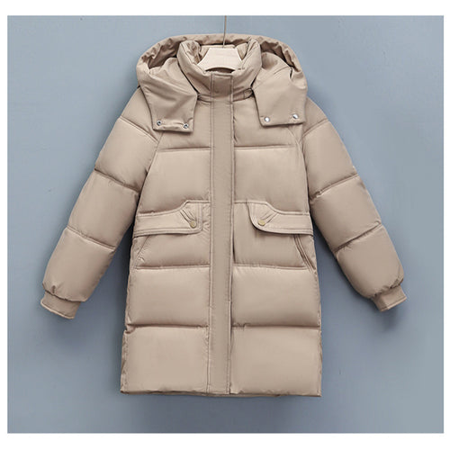 Damen nan langer thermogepolsterter Parka mit abnehmbarer Kapuze, verdecktem Reißverschluss und Klappentaschen Drune