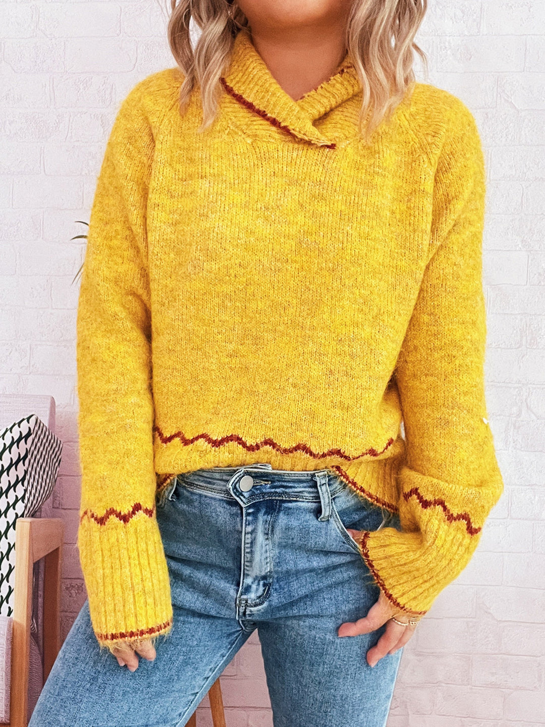 Damen kuscheliger Strickpullover mit Wellenrand Drune