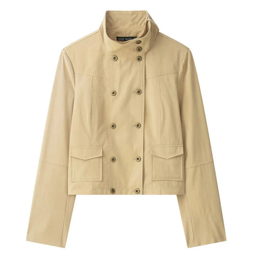 Damen Cropped Doppelreihige Kurzjacke im Blousonstil mit Stehkragen und Pattentaschen Drune