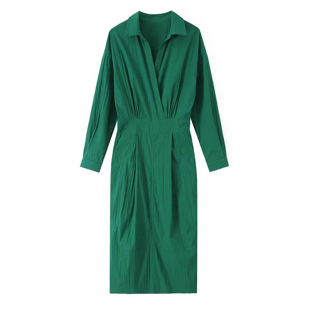Damen Hemdblusen-Midikleid mit V-Ausschnitt, elastischer Taille und aufgesetzten Taschen Drune