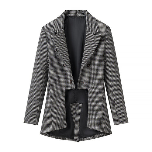 Damen Gehrock‑inspirierter Hahnentritt‑Blazer mit Cutaway‑Saum und doppelreihiger Knopfleiste Drune
