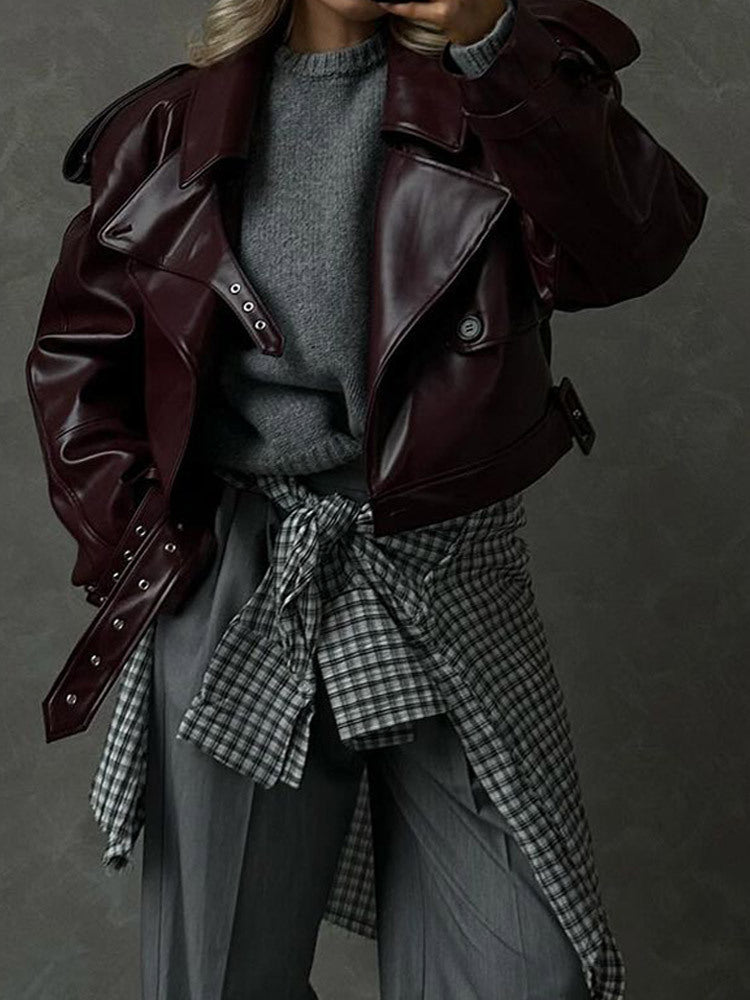Damen modische Kunstlederjacke mit oversized Schnitt und breitem Kragen Drune