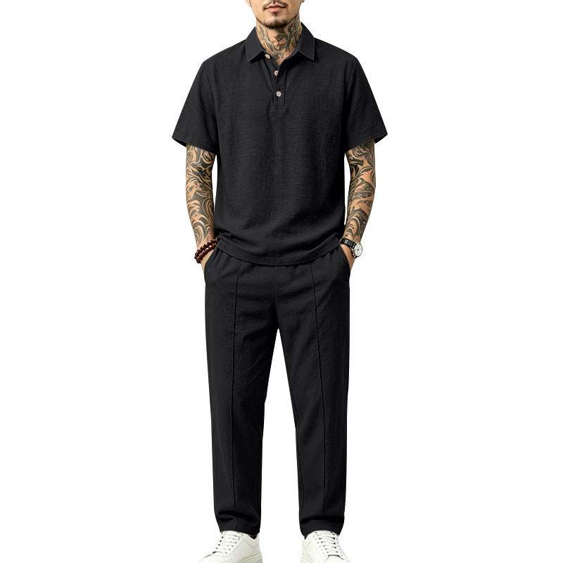 Herren Leichtes Leinenoptik-Loungewear-Set mit Polokragen und Bundfalten Drune