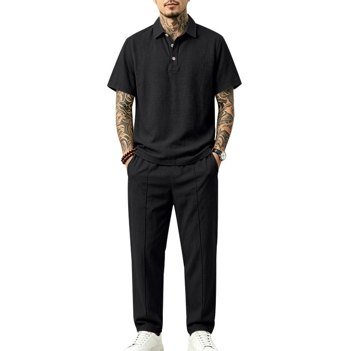 Herren Leichtes Leinenoptik-Loungewear-Set mit Polokragen und Bundfalten Drune