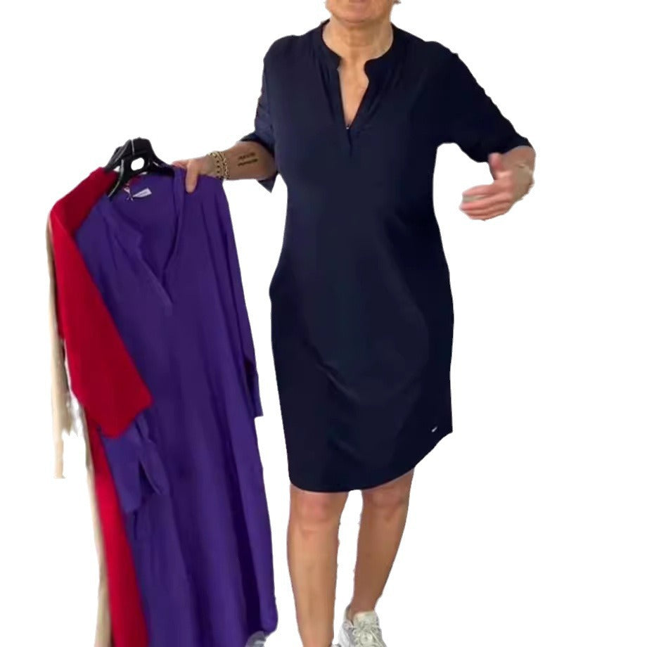 Damen nan legeres knielanges Shiftkleid aus elastischem Jersey mit Stehkragen und V-Ausschnitt Drune