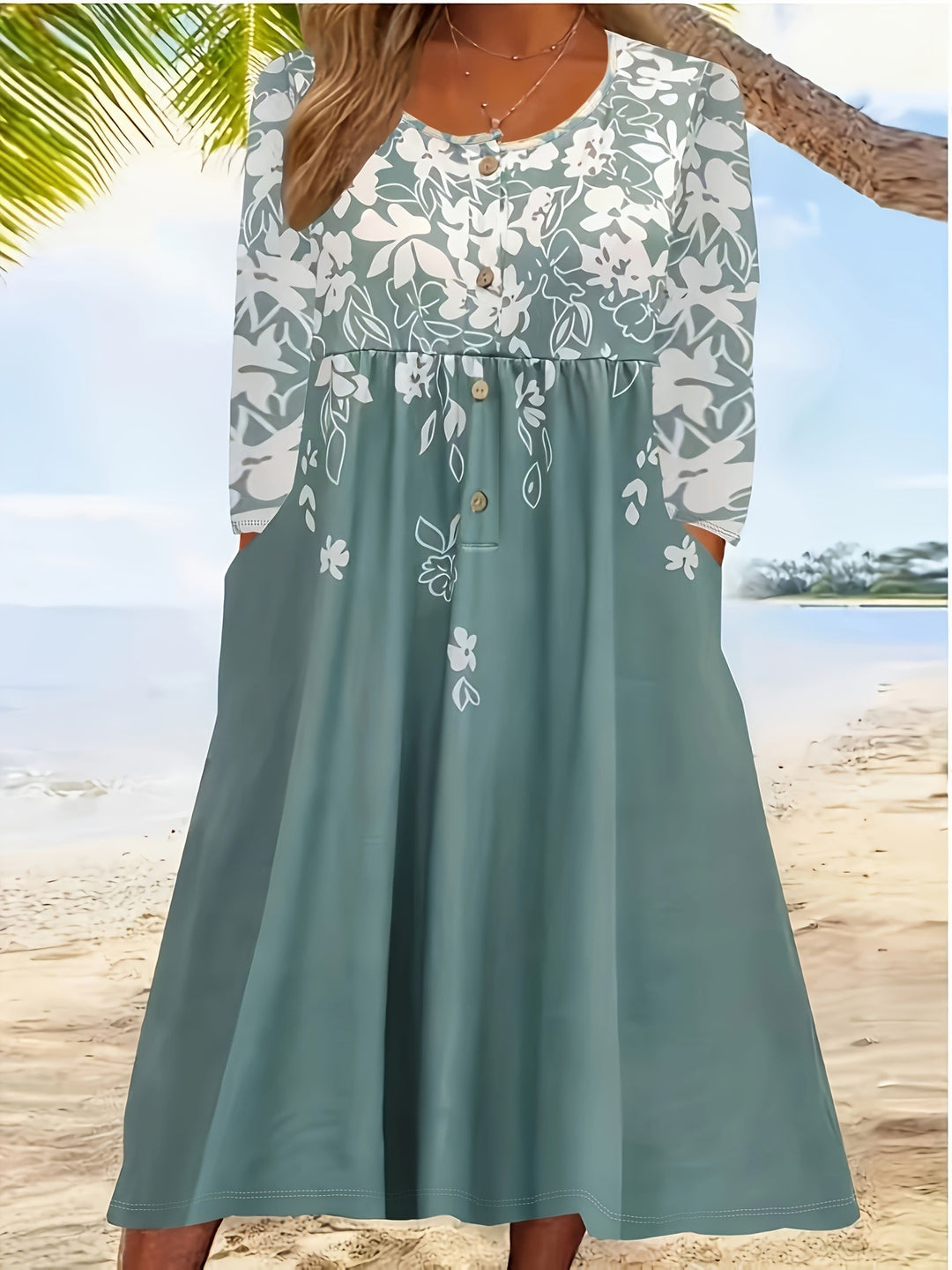 Damen Maxikleid mit V-Ausschnitt, Blumenprint, Knopfleiste und Eingrifftaschen Drune