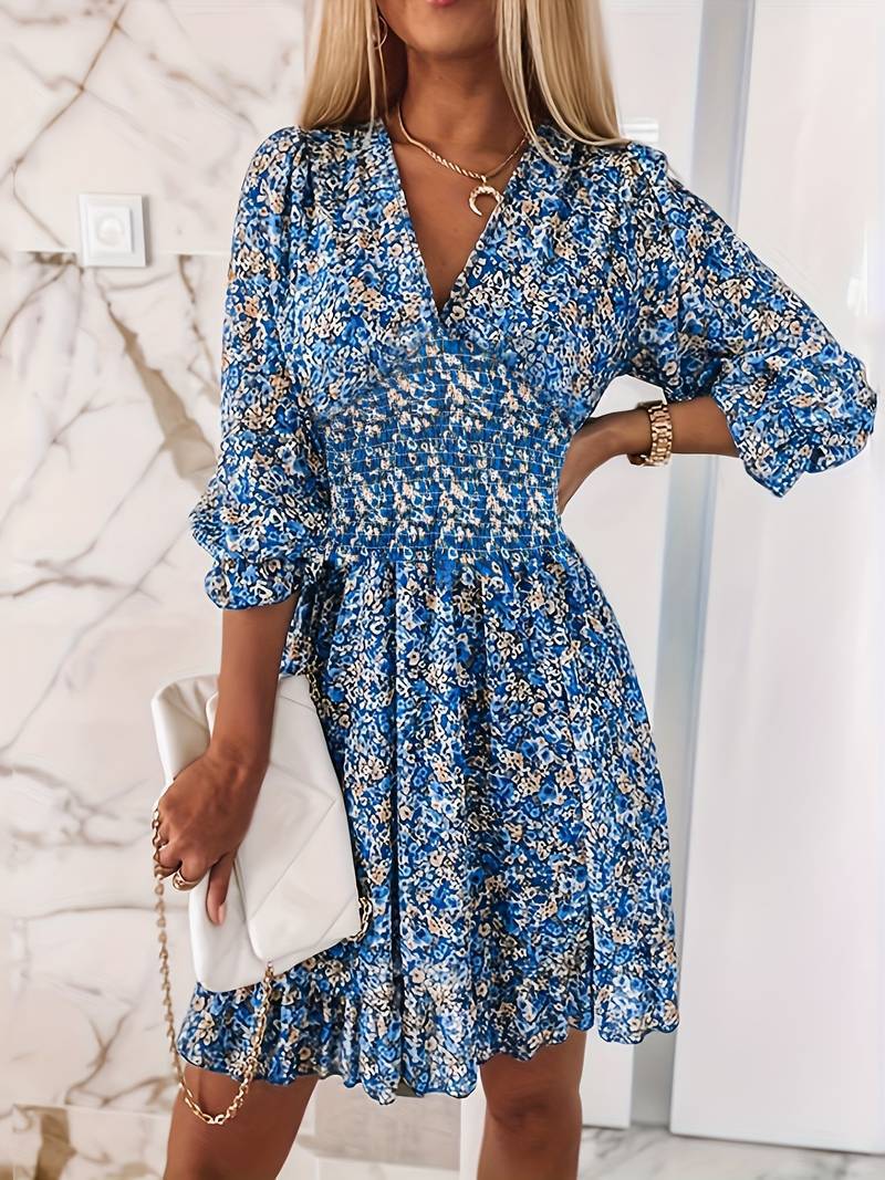 Damen Kurzärmeliges V-Ausschnitt Kleid mit Rüschendetails Drune