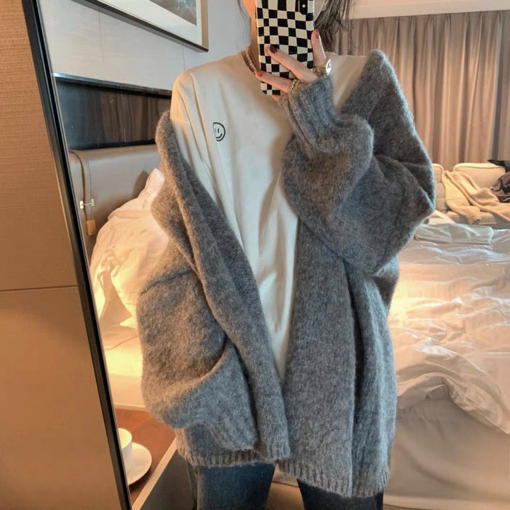 Damen Oversized Kuschelpullover mit tiefem V-Ausschnitt und langen Ärmeln Drune
