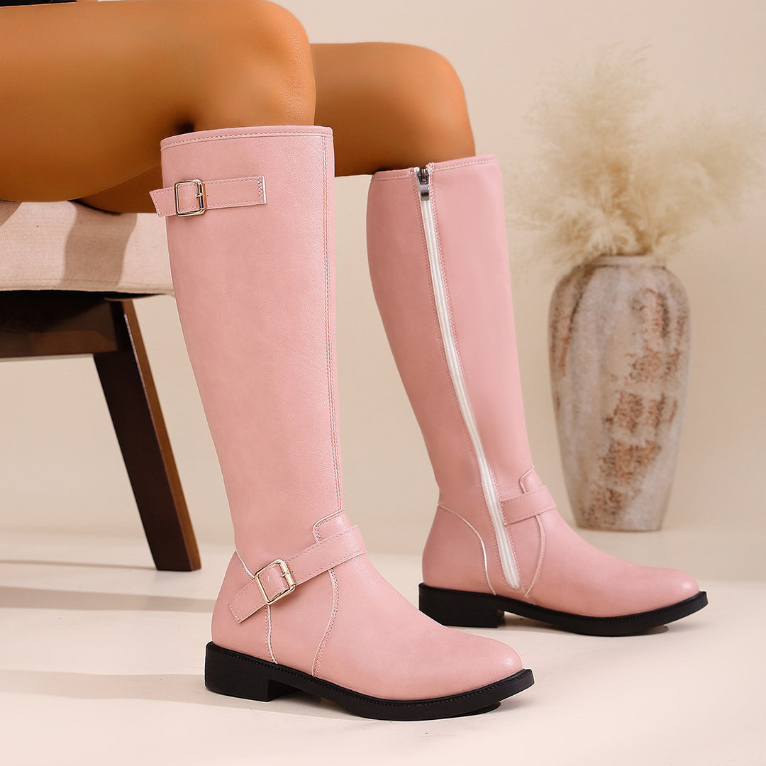Damen Kniehohe Western‑Stiefel mit Denim‑Schaft und verstellbaren Schnallenriemen Drune