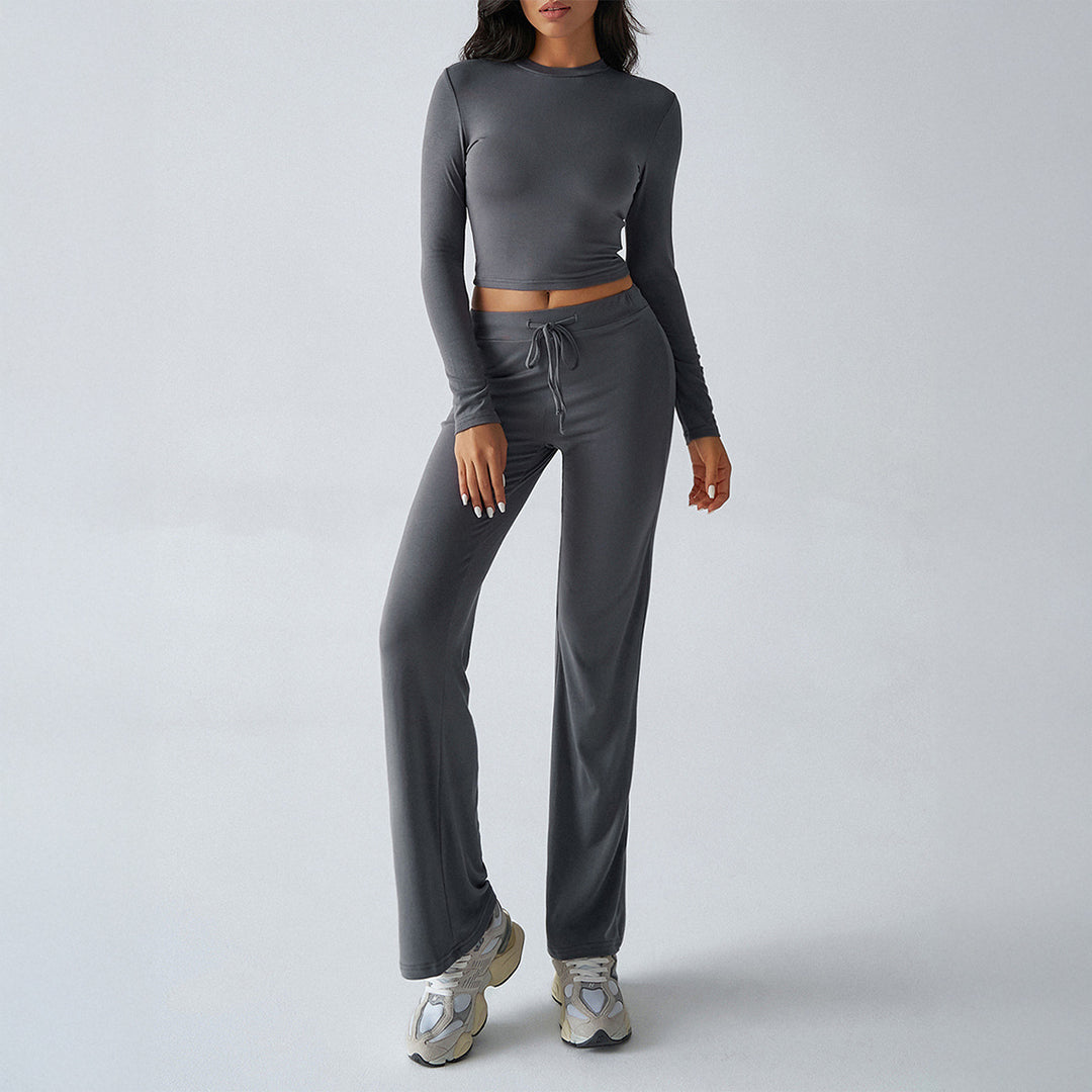 Damen nan tailliertes Longsleeve-Crop-Top und weite Lounge-Hose im Zweiteiler-Set aus Stretchjersey Drune