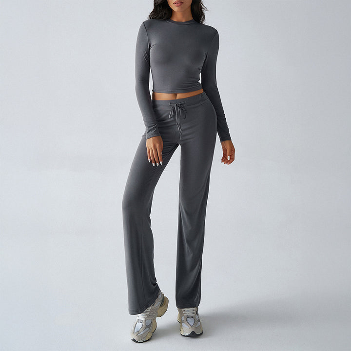 Damen nan tailliertes Longsleeve-Crop-Top und weite Lounge-Hose im Zweiteiler-Set aus Stretchjersey Drune