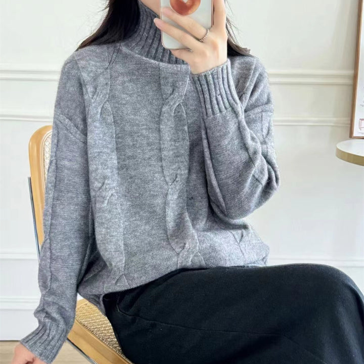Damen Strickpullover mit hohem Kragen und Kabelmuster Drune