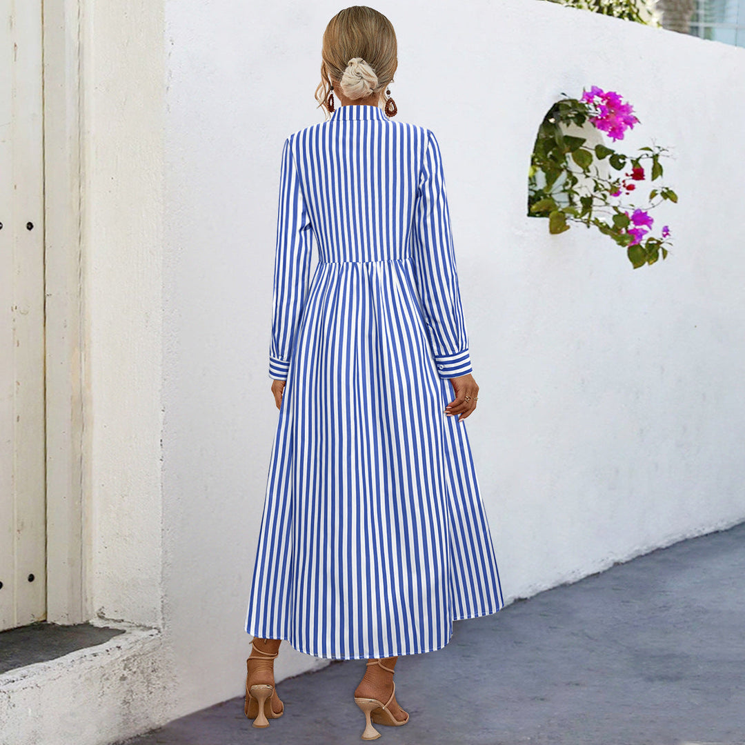 Damen Midi-Kleid mit eleganten Streifen und strukturierter Knopfleiste Drune