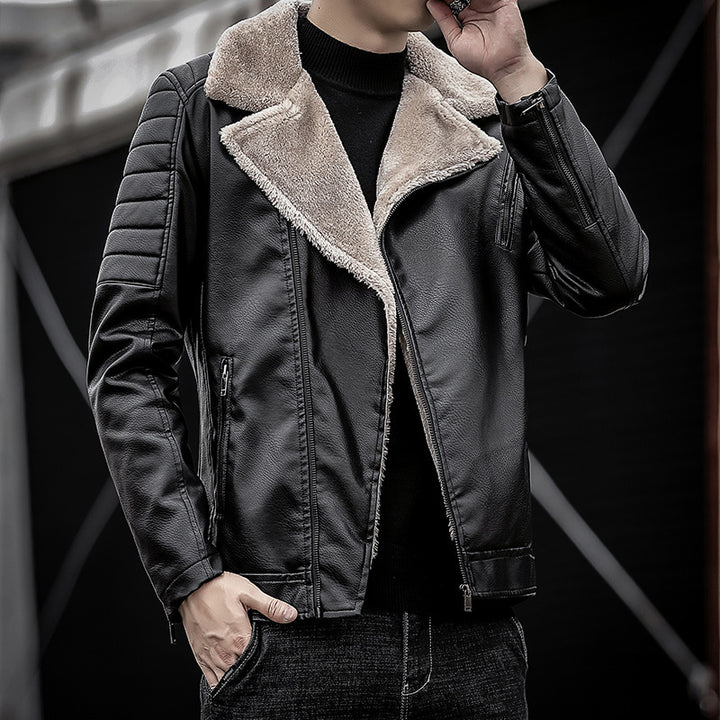 Herren Piloten-Lederjacke mit Teddyfutter, breitem Umlegekragen und gesteppter Ärmeldetail Drune